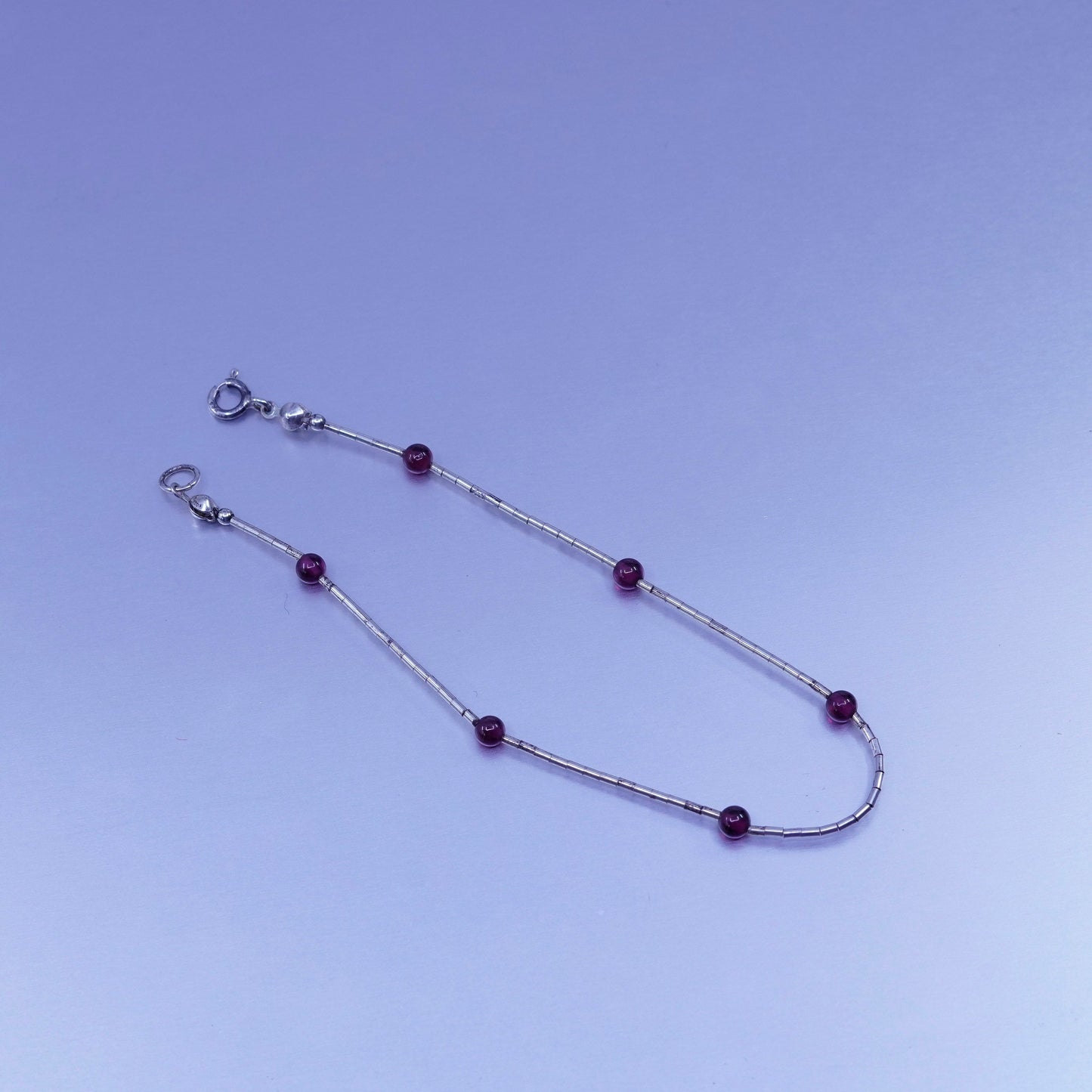 8”, Vintage Sterling 925 silver handmade bracelet, liquid chain garnet charms