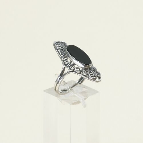 Sz 6.5, Vtg Sterling Silver Handmade Ring, 925 Silver Band W obsidian N Filigree