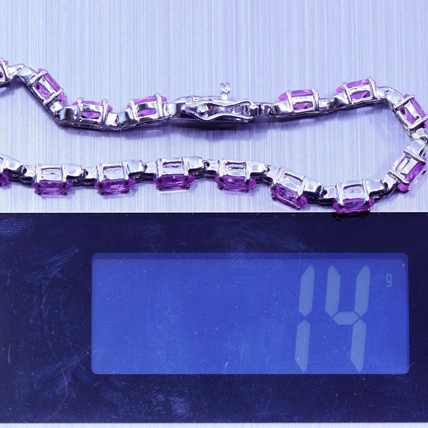 7”, Vintage Sterling 925 silver tennis bracelet chain with pink crystal