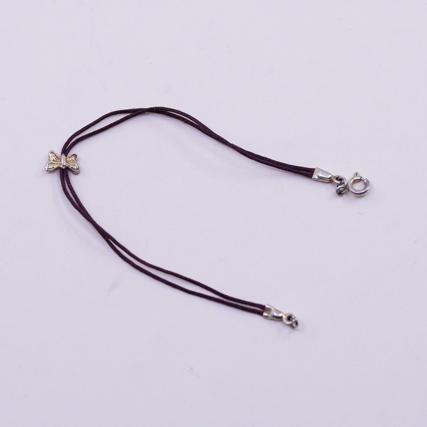 6.5” Vintage Sterling silver handmade bracelet, 925 butterfly with linen thread