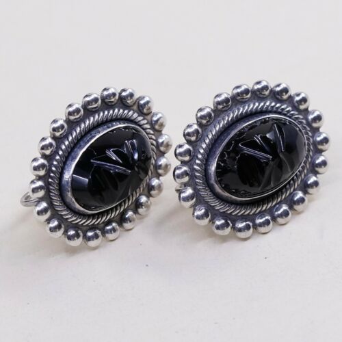 Vtg Sterling 925 Silver Handmade Screw Back Earrings W/ Carved obsidian Warrior