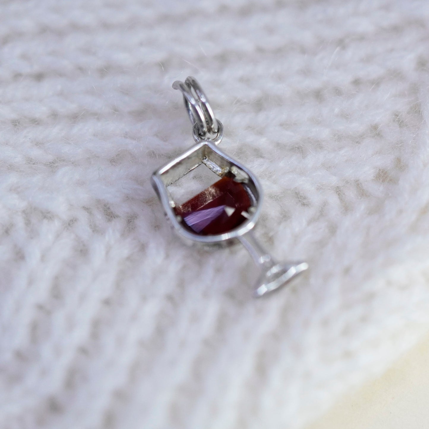 Vintage sterling silver handmade pendant, 925 wine glass charm with ruby