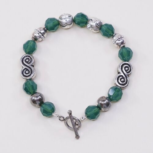 6”, Vtg Sterling Silver Handmade Bracelet, 925 Silver Toggle W/ Green Beads