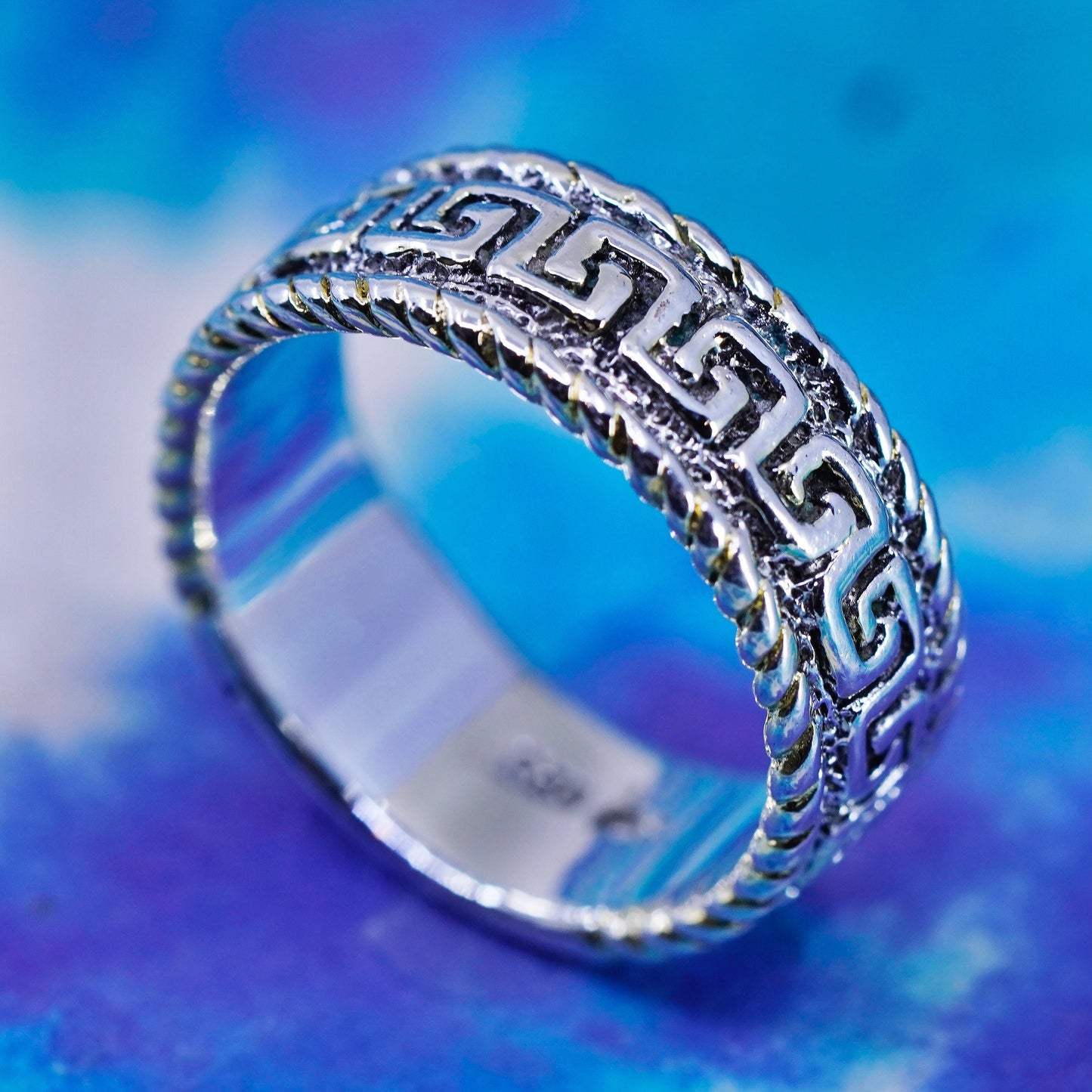 Size 7.5, vintage sterling silver handmade ring, 925 band embossed Greek key