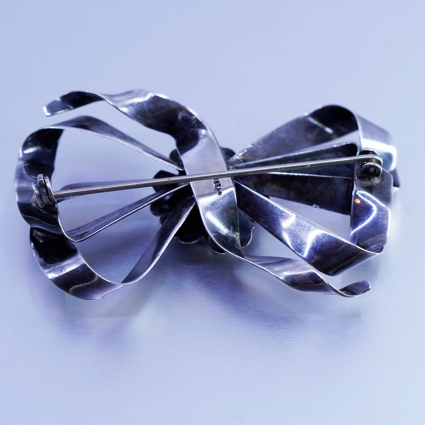 Vintage sterling silver handmade brooch, 925 rose flower ribbon pin