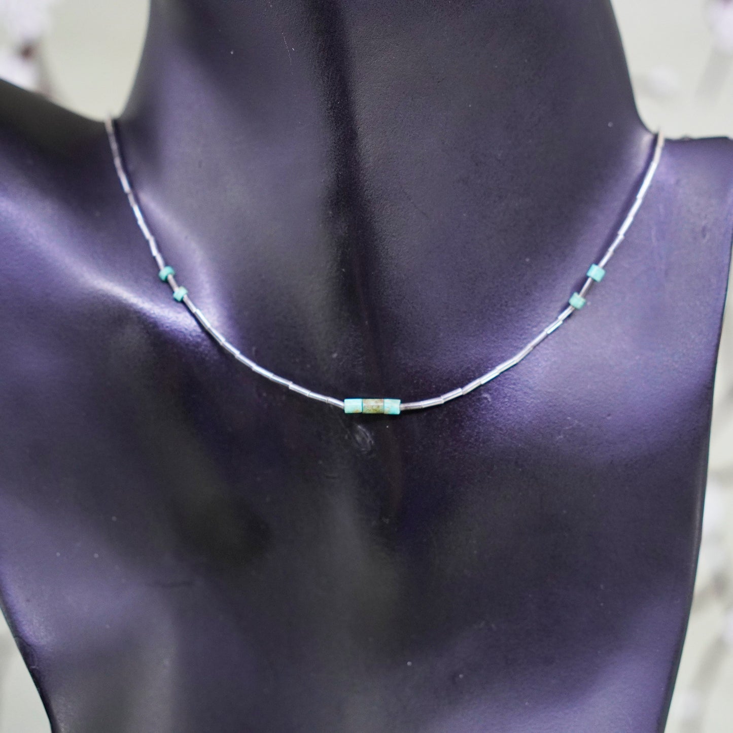 16”, Native American Navajo Sterling necklace 925 liquid silver chain turquoise