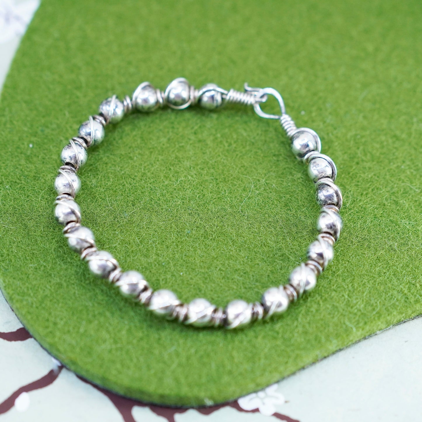 6.5”, vintage sterling silver contemporary handmade bracelet, 925 bangle beads