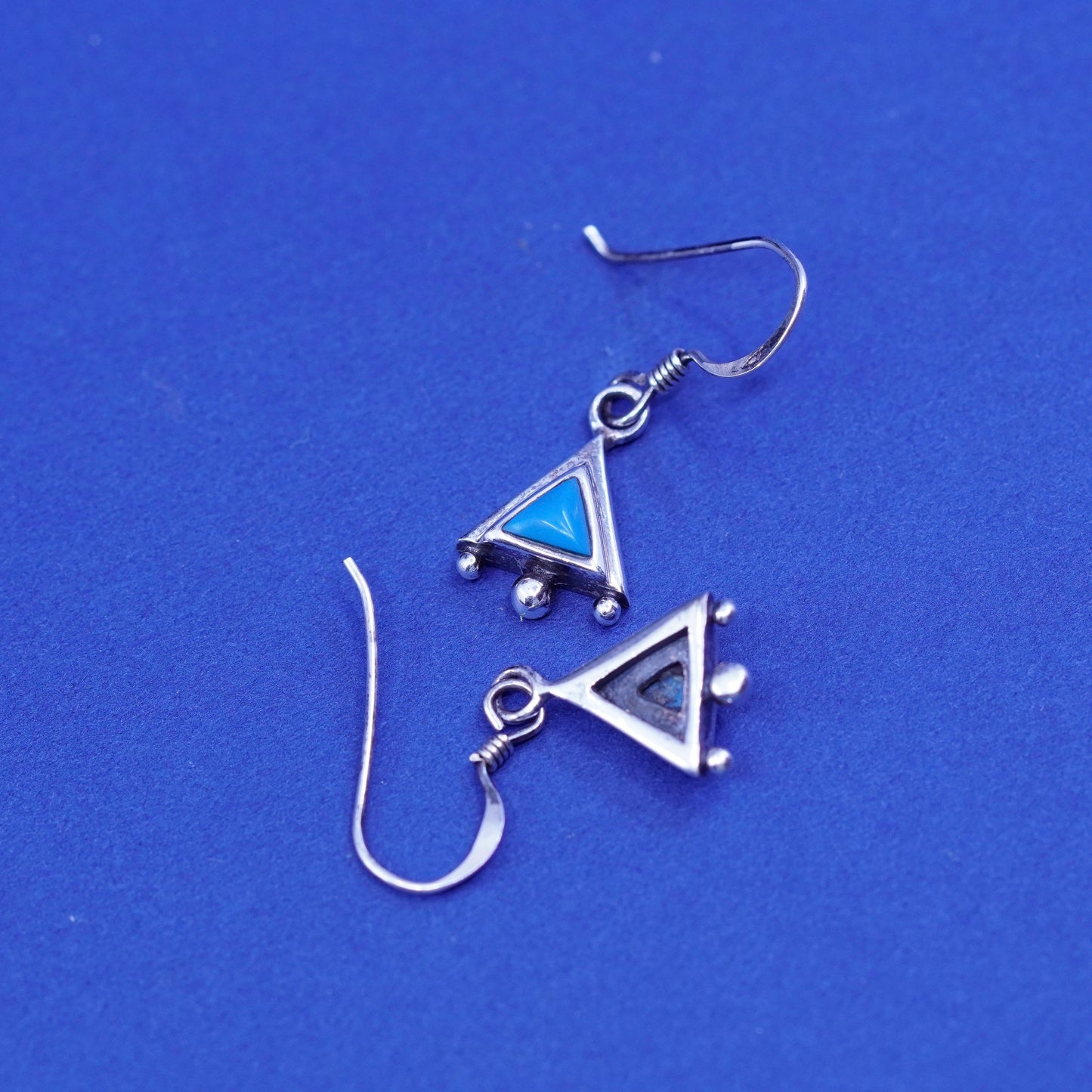 southwestern sterling 925 silver handmade triangular earrings with blue onyx