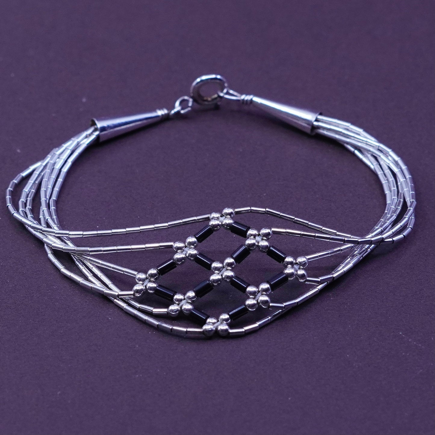 7”, 925 handmade bracelet, 5 multi strands liquid Silver chain with obsidian