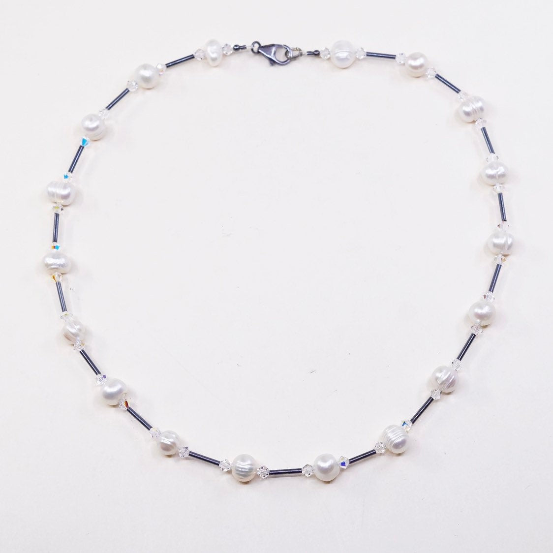 18”, vtg handmade Sterling silver bar link chain with pearl beads details
