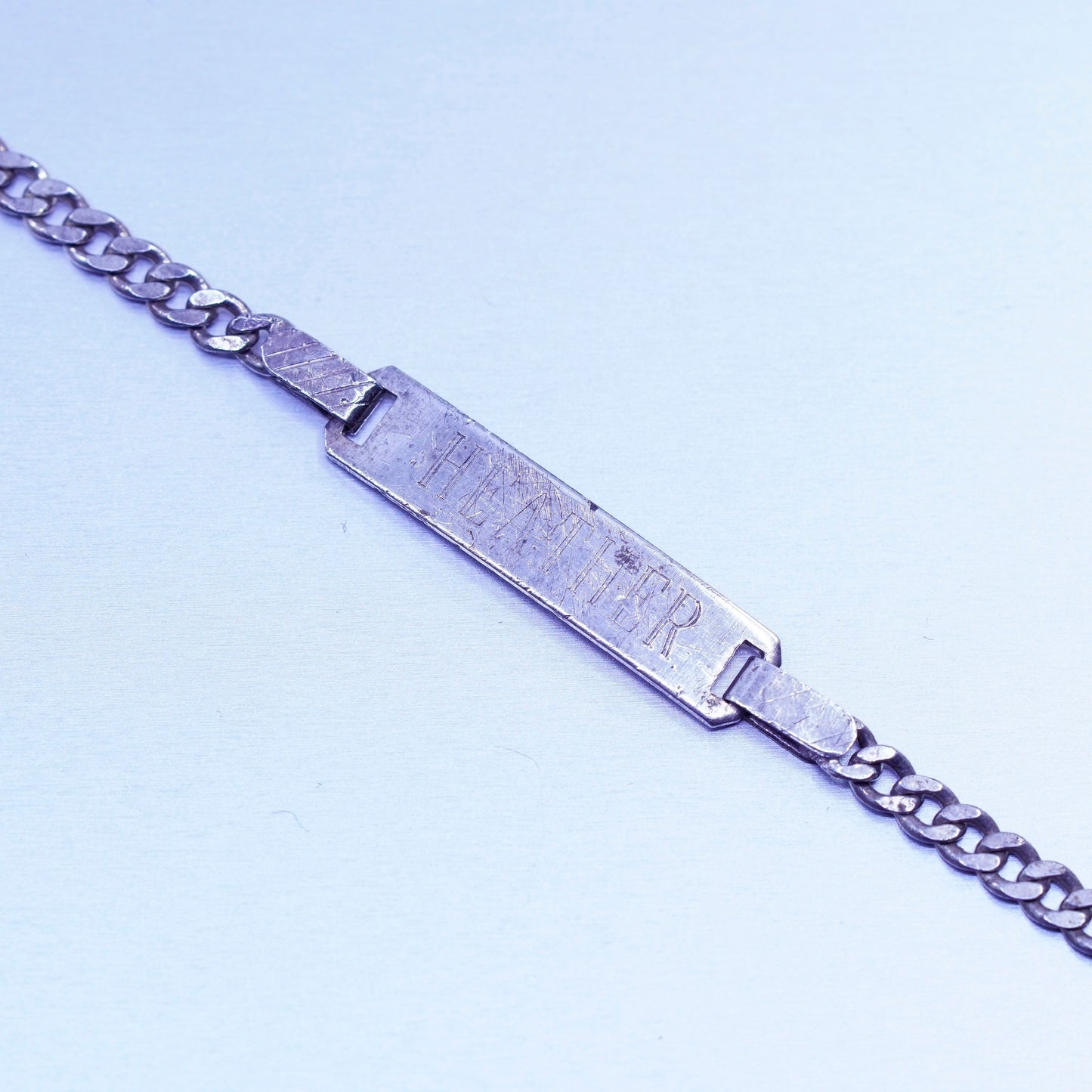 6.5”, Vintage Sterling silver bracelet, 925 curb chain tag “heather slattery”