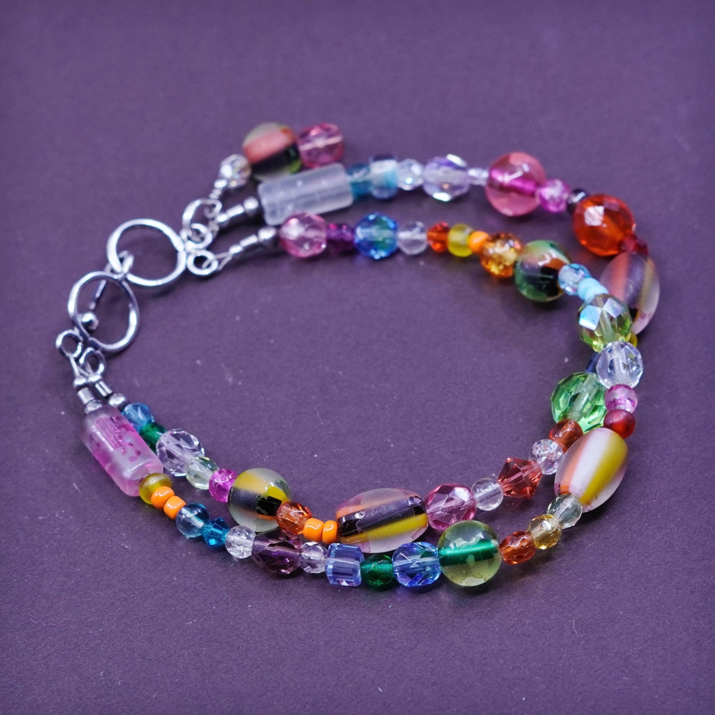 7.5”, handmade bracelet, colorful glass chain with sterling 925 silver clasp