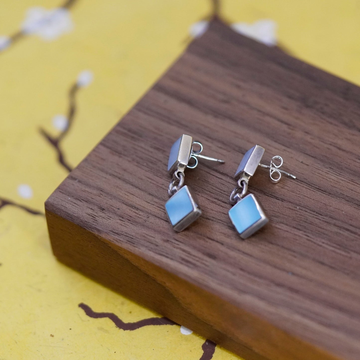Vintage Sterling silver handmade earrings, 925 square with blue mother of pearl