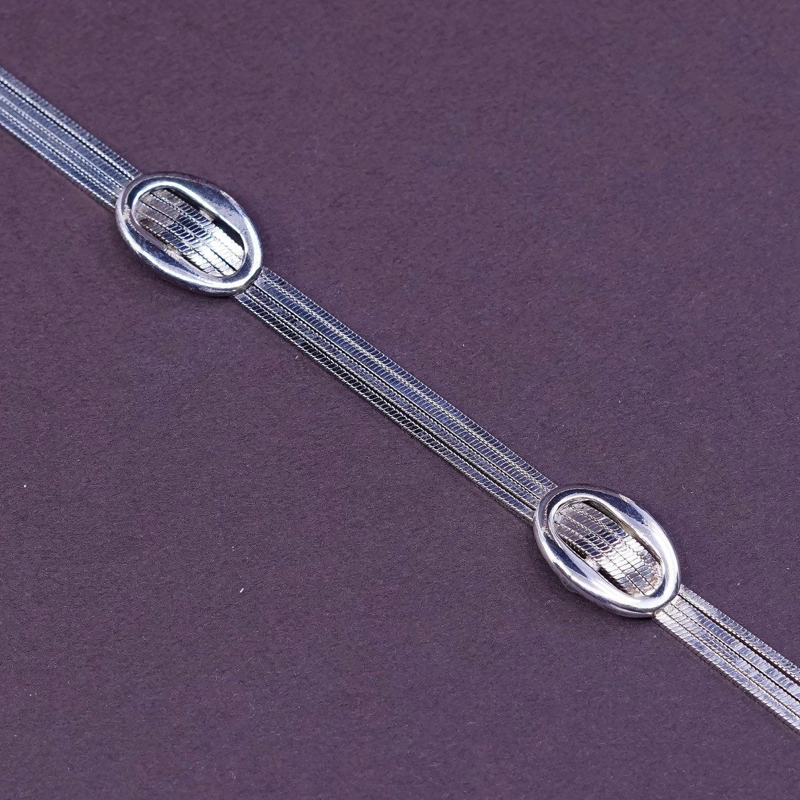 7.25", vtg Sterling silver handmade 4 strands snake bracelet w/ oval knot