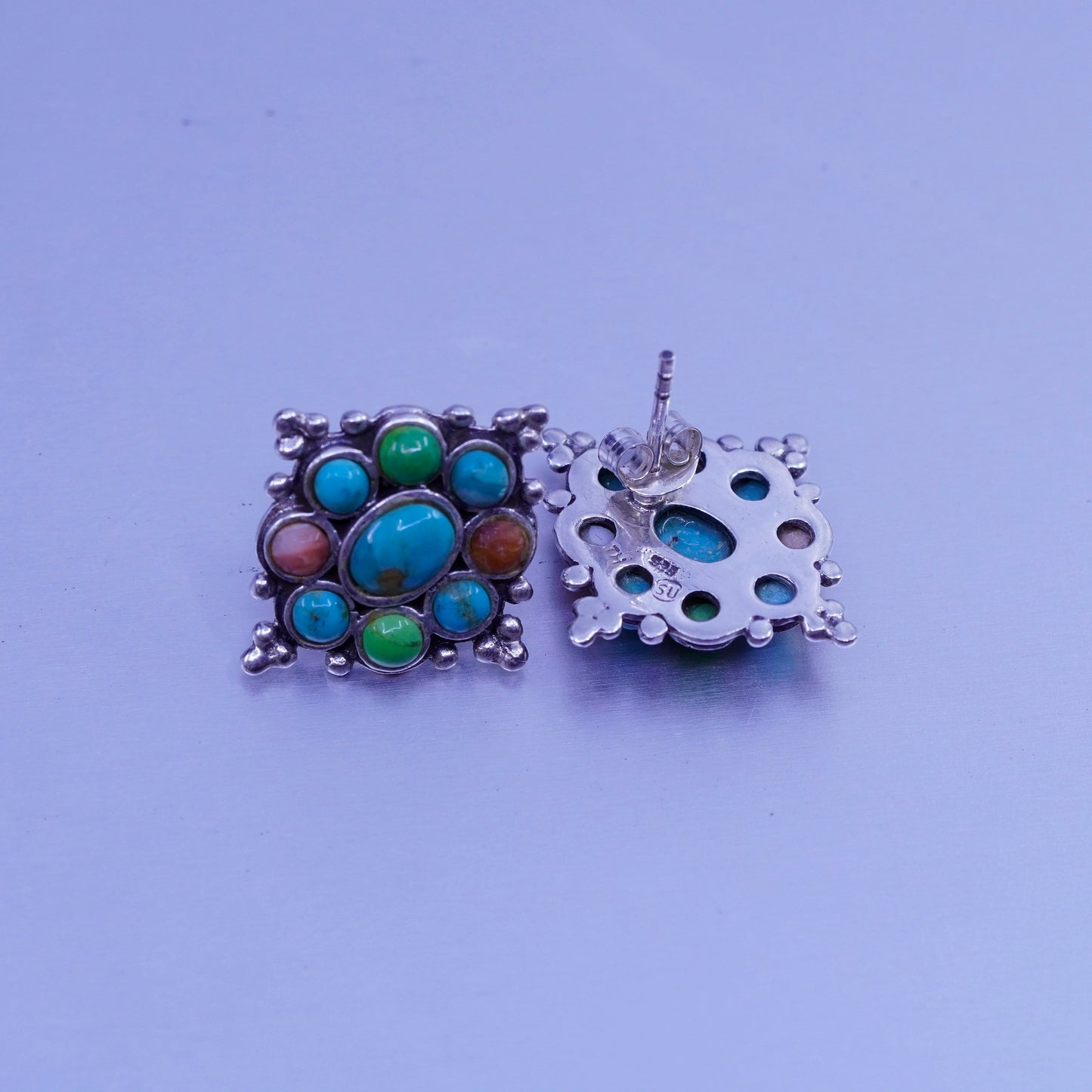 vtg Native American navajo Sterling 925 silver earrings, studs turquoise coral
