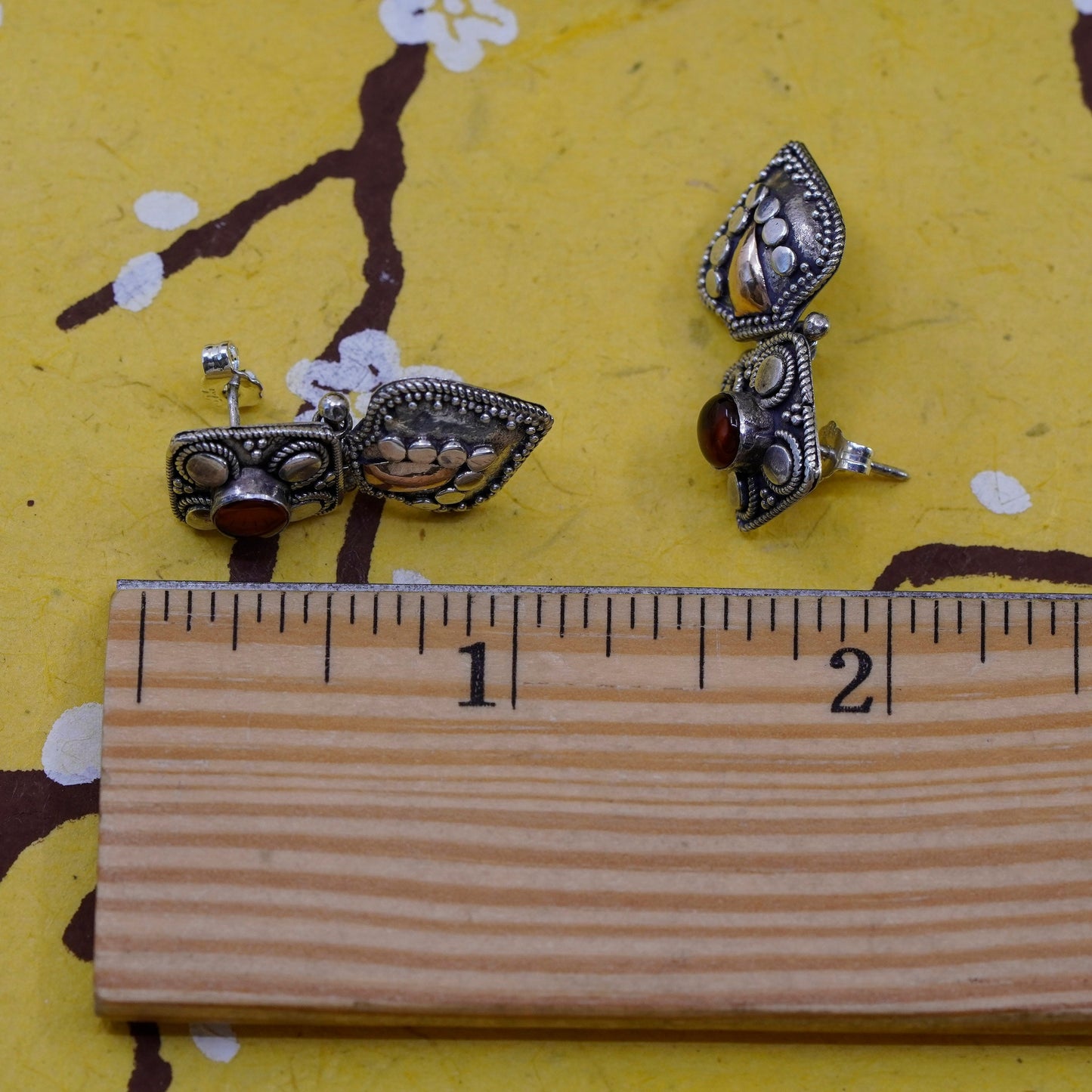Vintage two tone Sterling 925 silver handmade earrings with amber Bali Beads