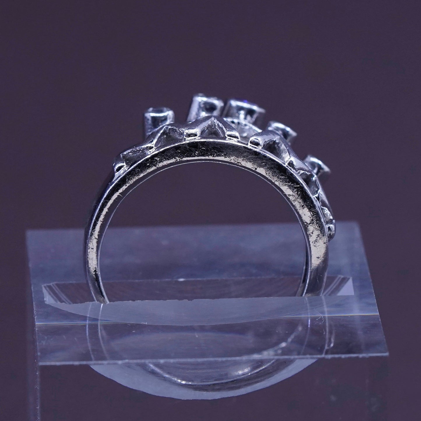 Size 7.75, Vintage Sterling 925 silver handmade crown Ring w/ amethyst and Cz