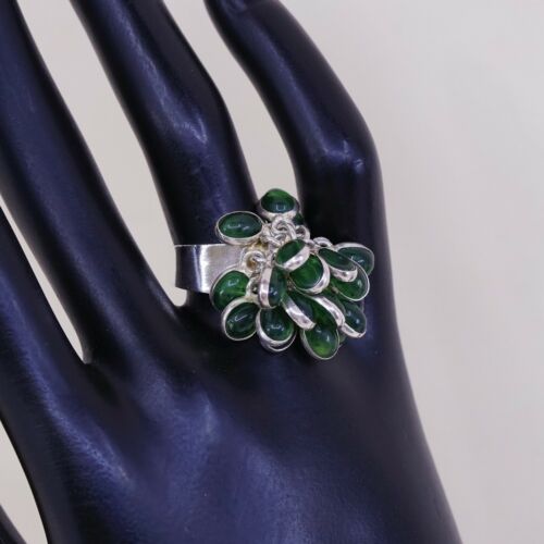 Sz 8.25, Vtg Sterling Silver Handmade Ring, 925 Flower W/ Green Cluster Glass