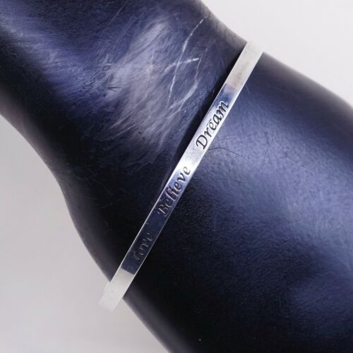 7.5”, Vintage Quote “love Believe Dream” Sterling 925 Silver Cuff Bracelet