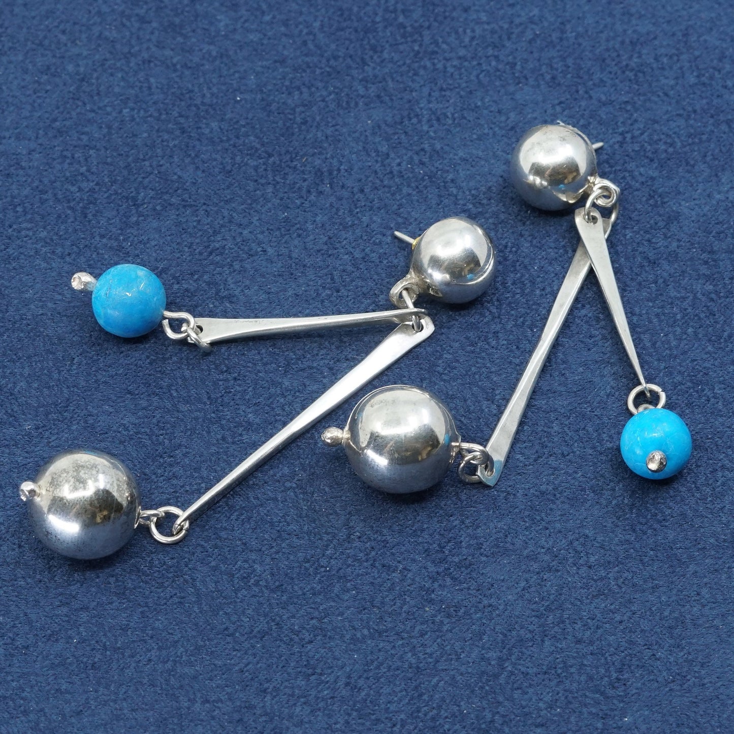 3”, vtg sterling 925 silver handmade long earrings w/ turquoise beads