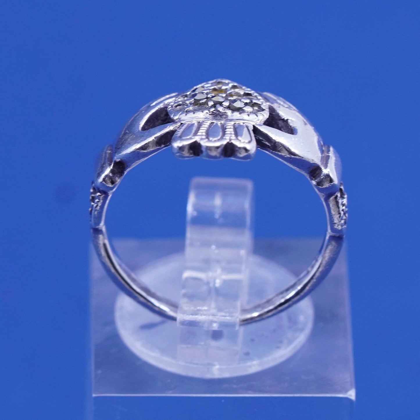 sz 5.5, irish sterling silver claddagh ring holding heart 925 band w/ Marcasite