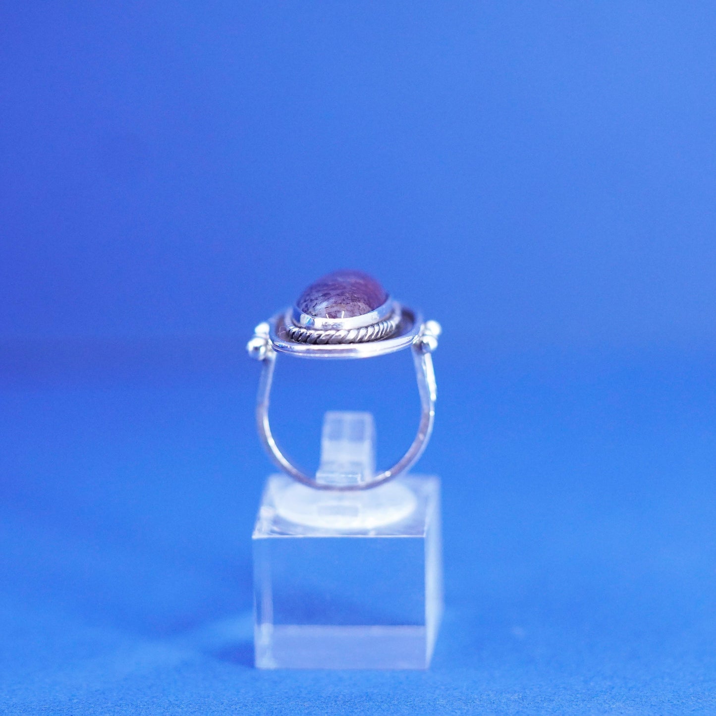 Size 6, vintage Sterling 925 silver handmade ring with agate stone and beads