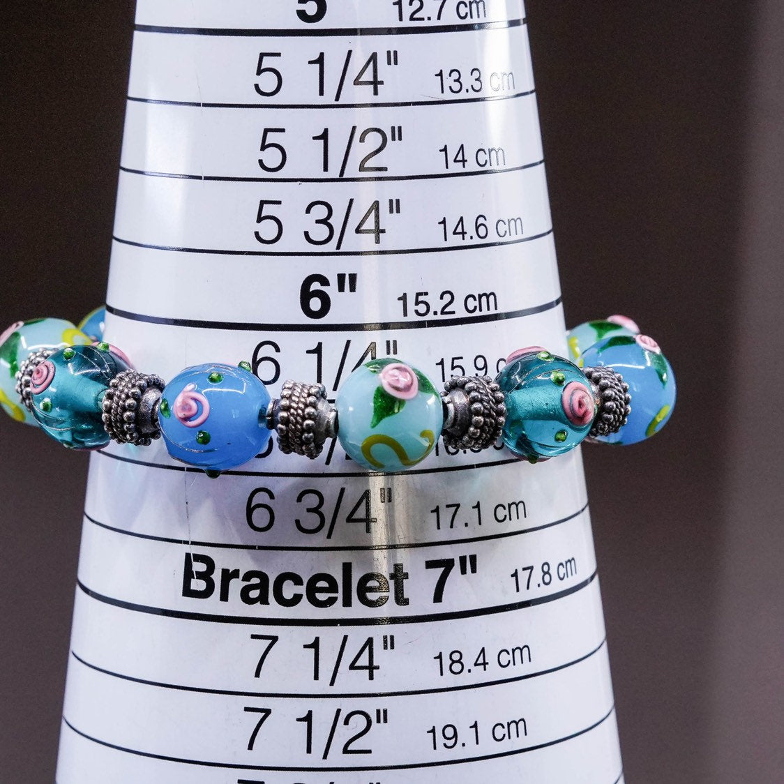 6.25", vtg Sterling 925 silver handmade bracelet, artisan glass beads w/ flower