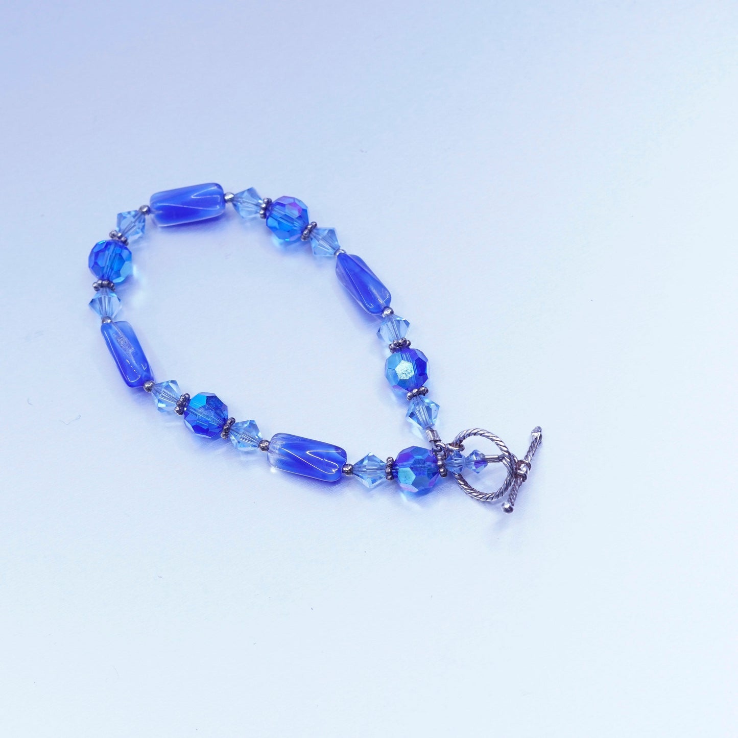 7”, vintage Sterling 925 silver bracelet with blue crystal beads toggle closure