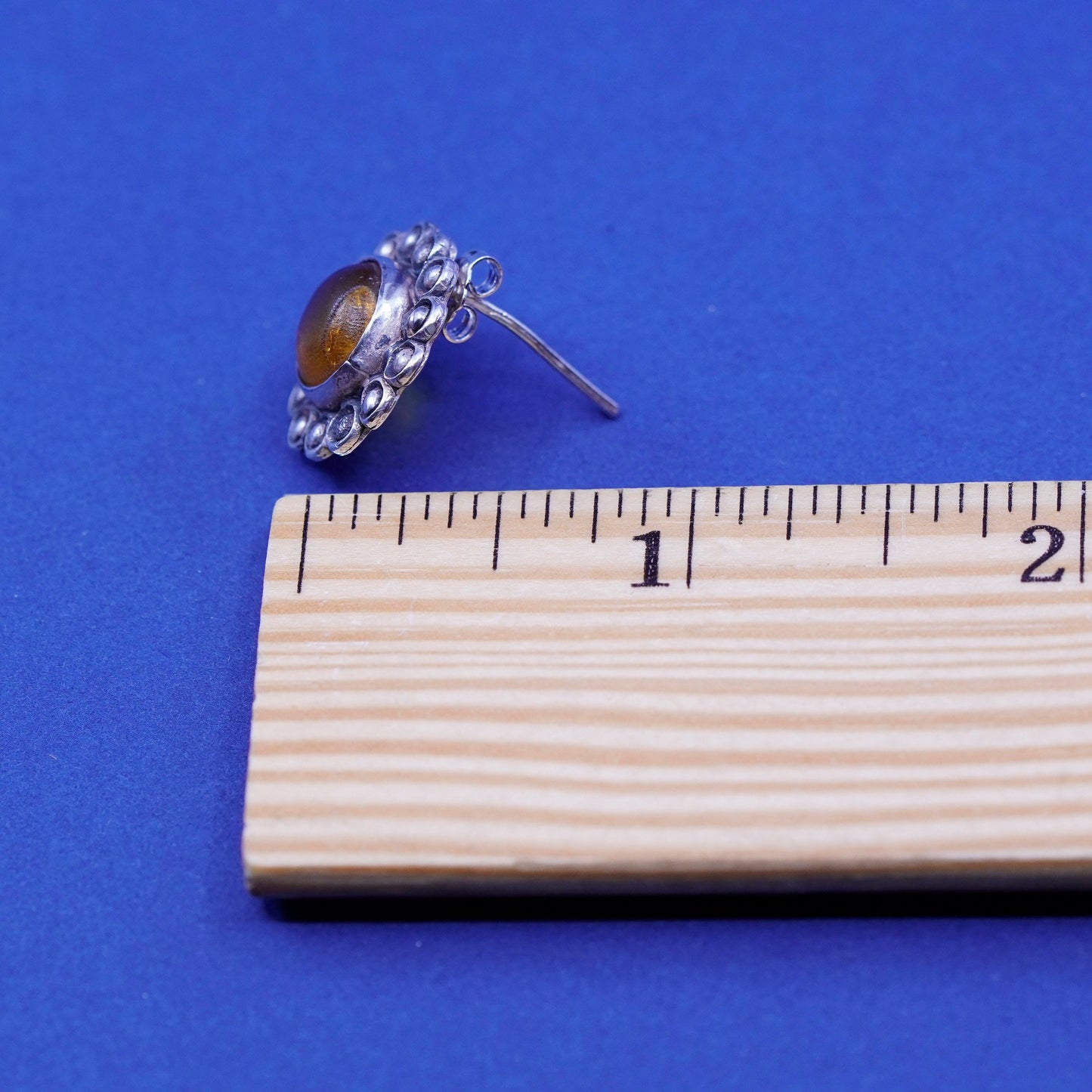 Vintage sterling silver handmade earrings, 925 flower studs with round amber