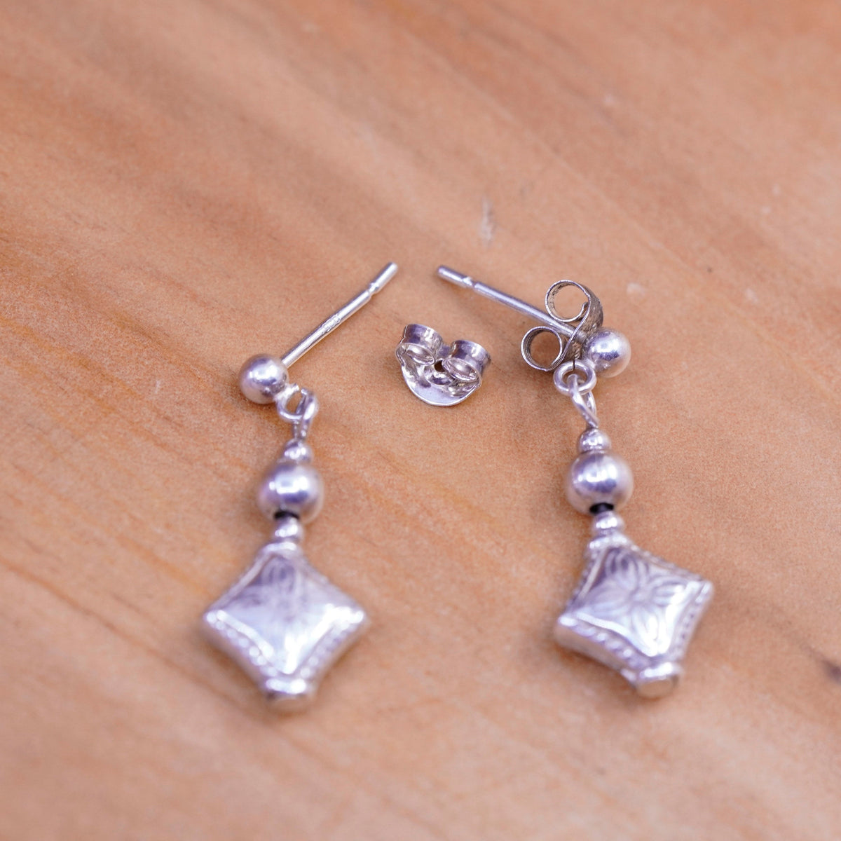 Vintage Sterling silver handmade earrings, textured 925 diamond dangled