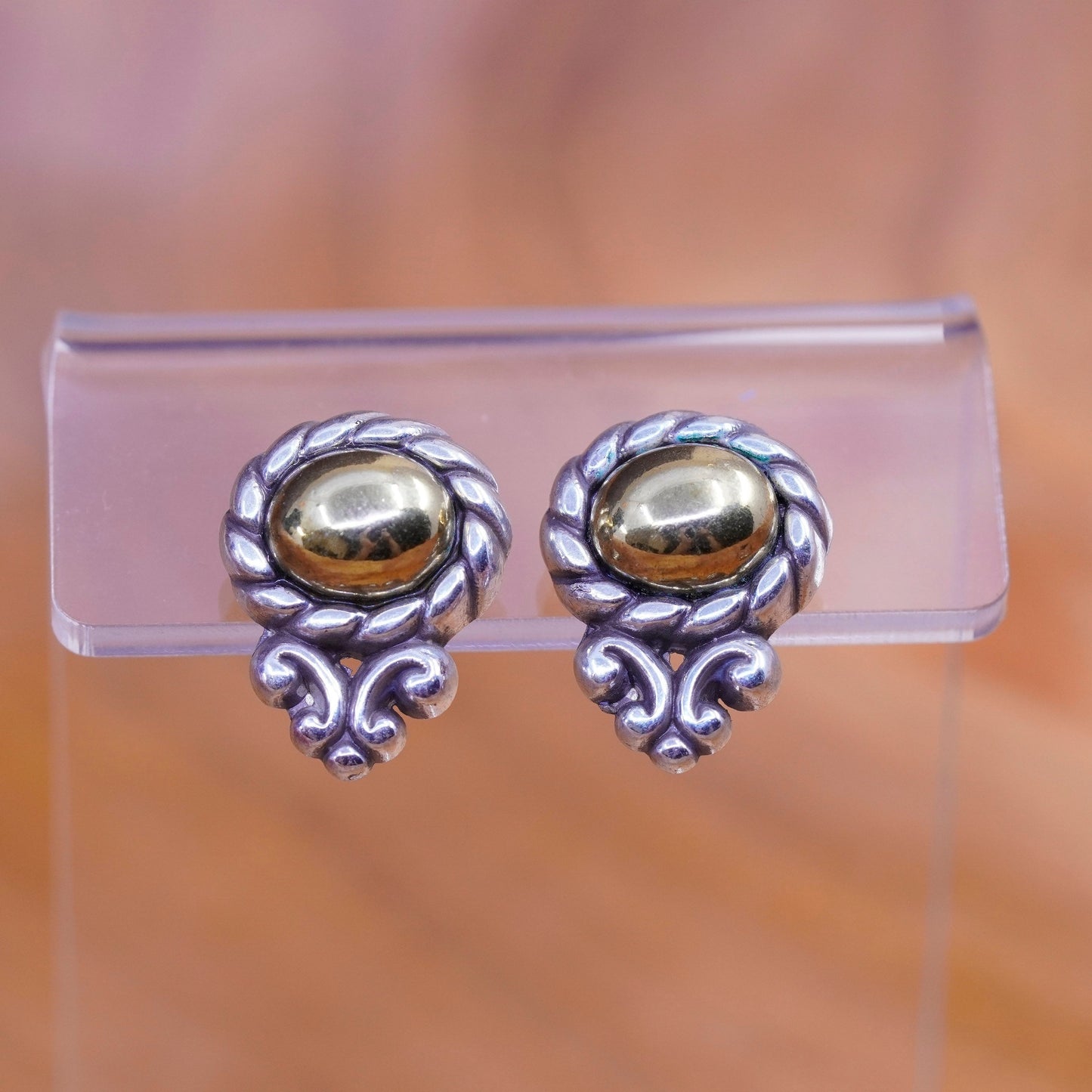 Vintage Brighton B two tone earrings, silver tone cable with brass