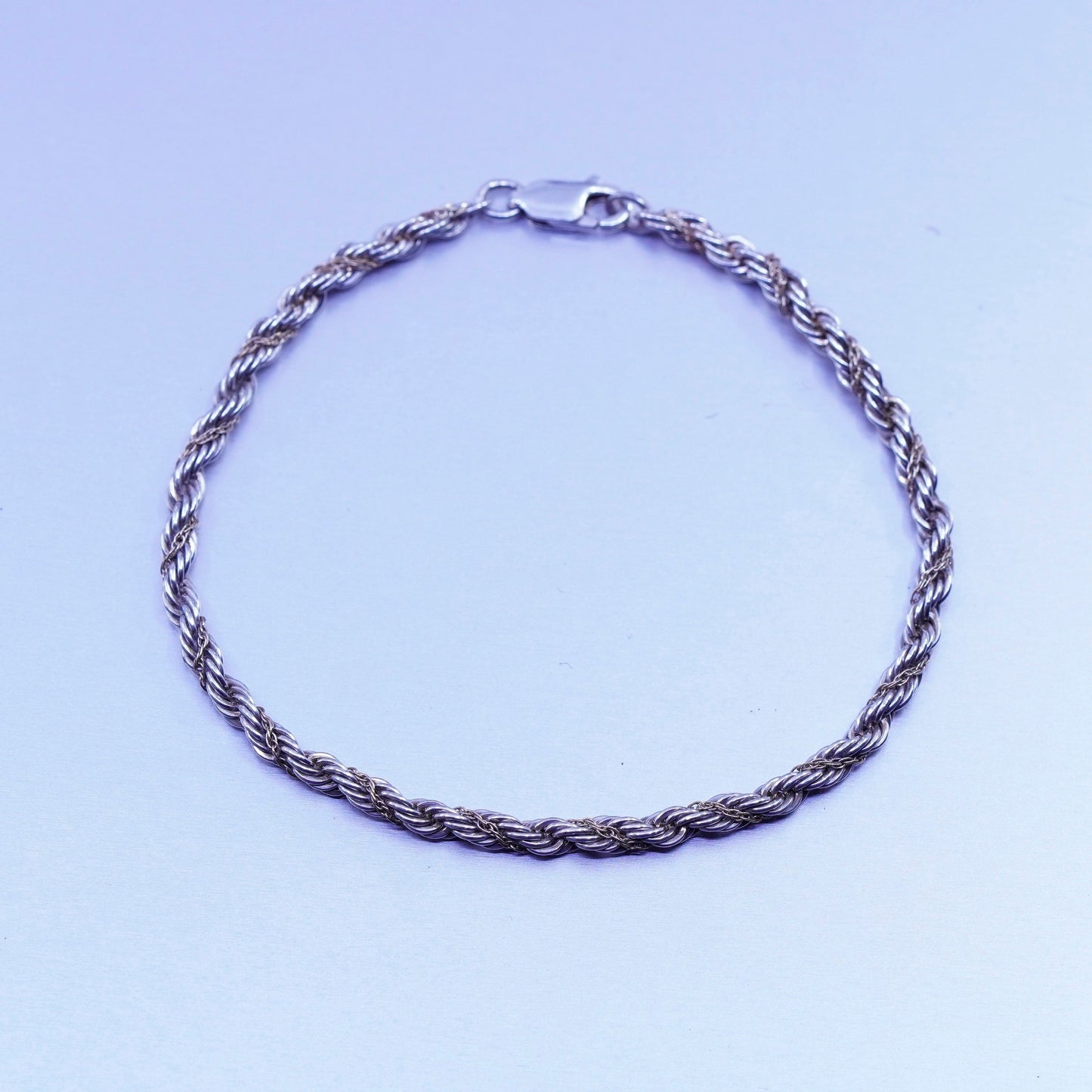 7”, 3mm, Sterling 925 silver handmade rope bracelet with 14K circle chain