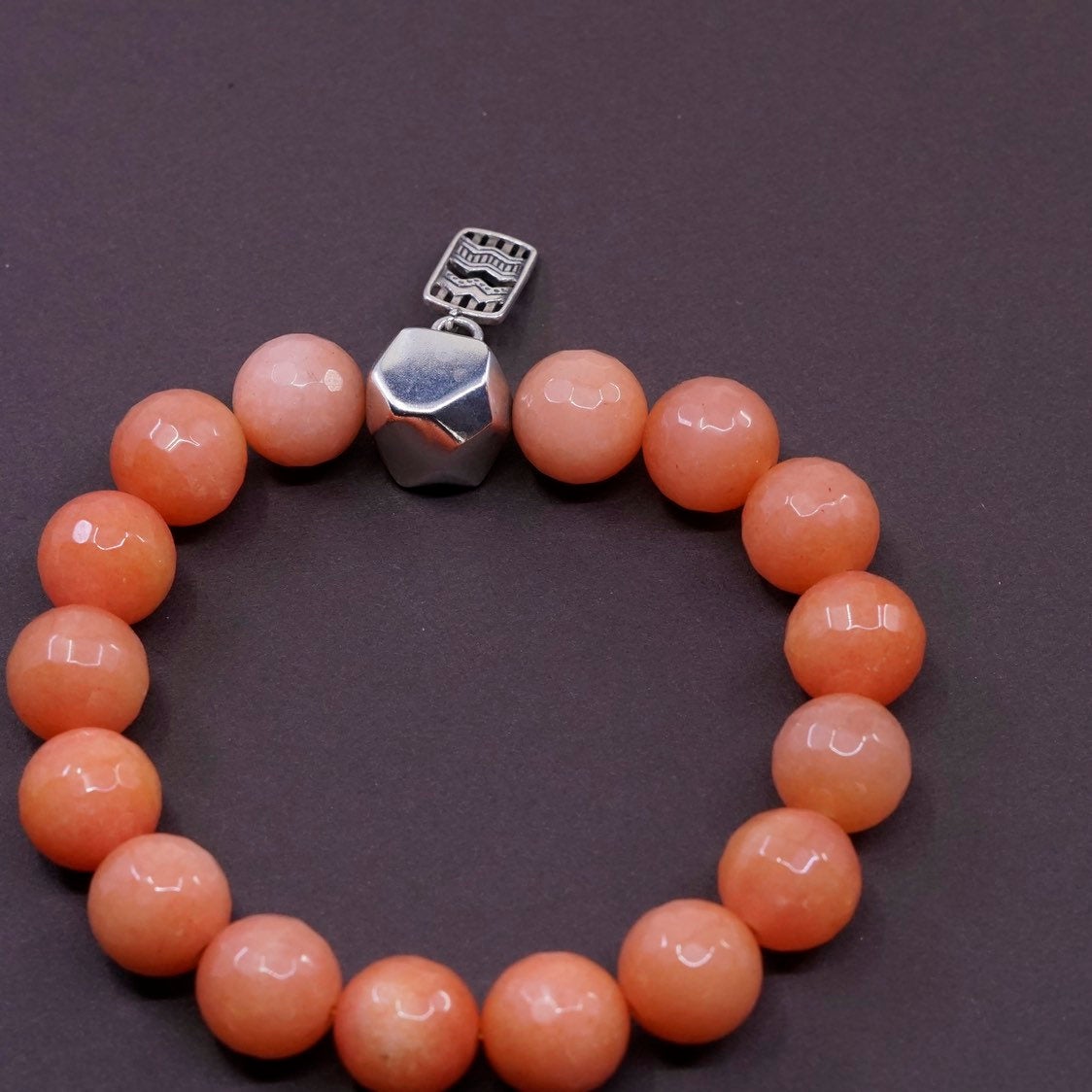 7”, handmade bracelet, elastic band w/ quartz beads sterling 925 silver charm,