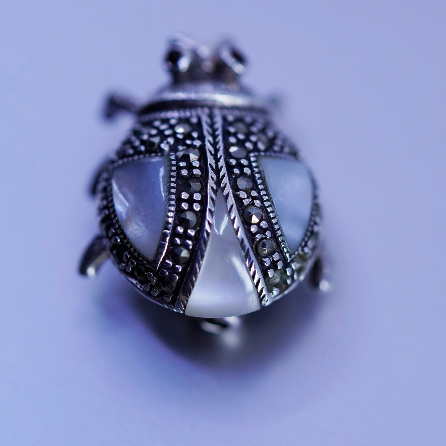 sterling silver handmade brooch, 925 ladybug pin with moonstone and marcasite