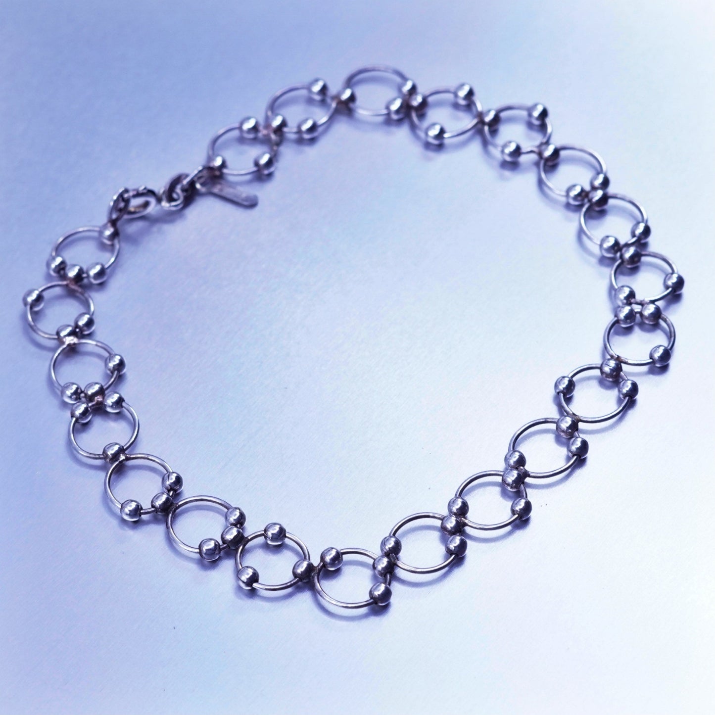 8.5”, Sterling 925 silver handmade bracelet, circle link charm chain with beads