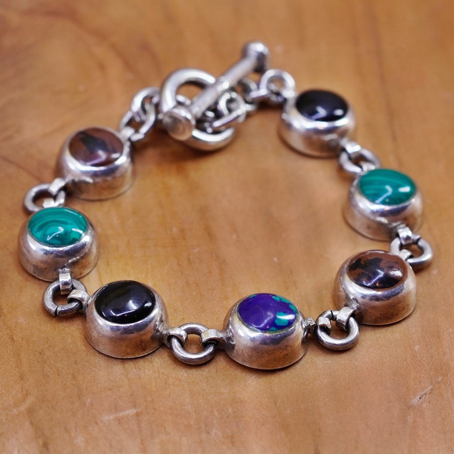 6.75”, mexico Sterling 925 silver bracelet with onyx jasper malachite azurite