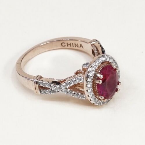 Sz 8.5, vermeil, gold over Sterling 925 Silver Ring W/ ruby, stamped 925 UD CZ