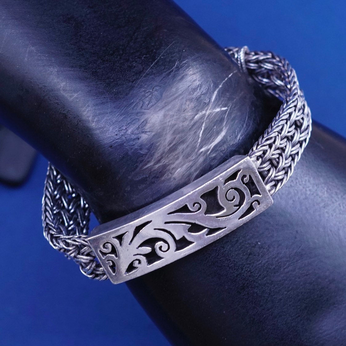 6.5”, vtg Sterling silver handmade bracelet, 925 wheat chain w/ swirl bar