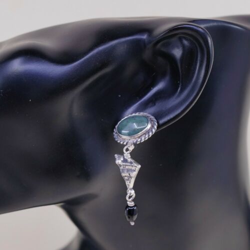 Vtg Amazing handmade Sterling 925 Silver earrings, 925 W/ Jade N Obsidian Dangle