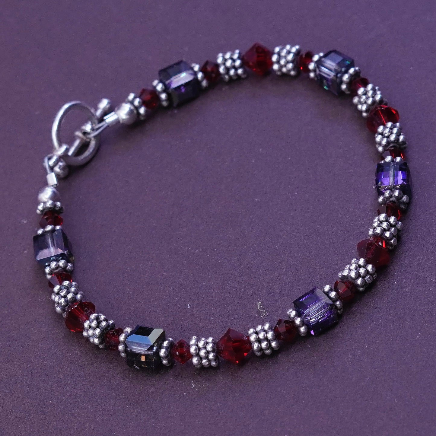 7”, Sterling silver handmade bracelet, 925 beads w/ red crystal toggle closure