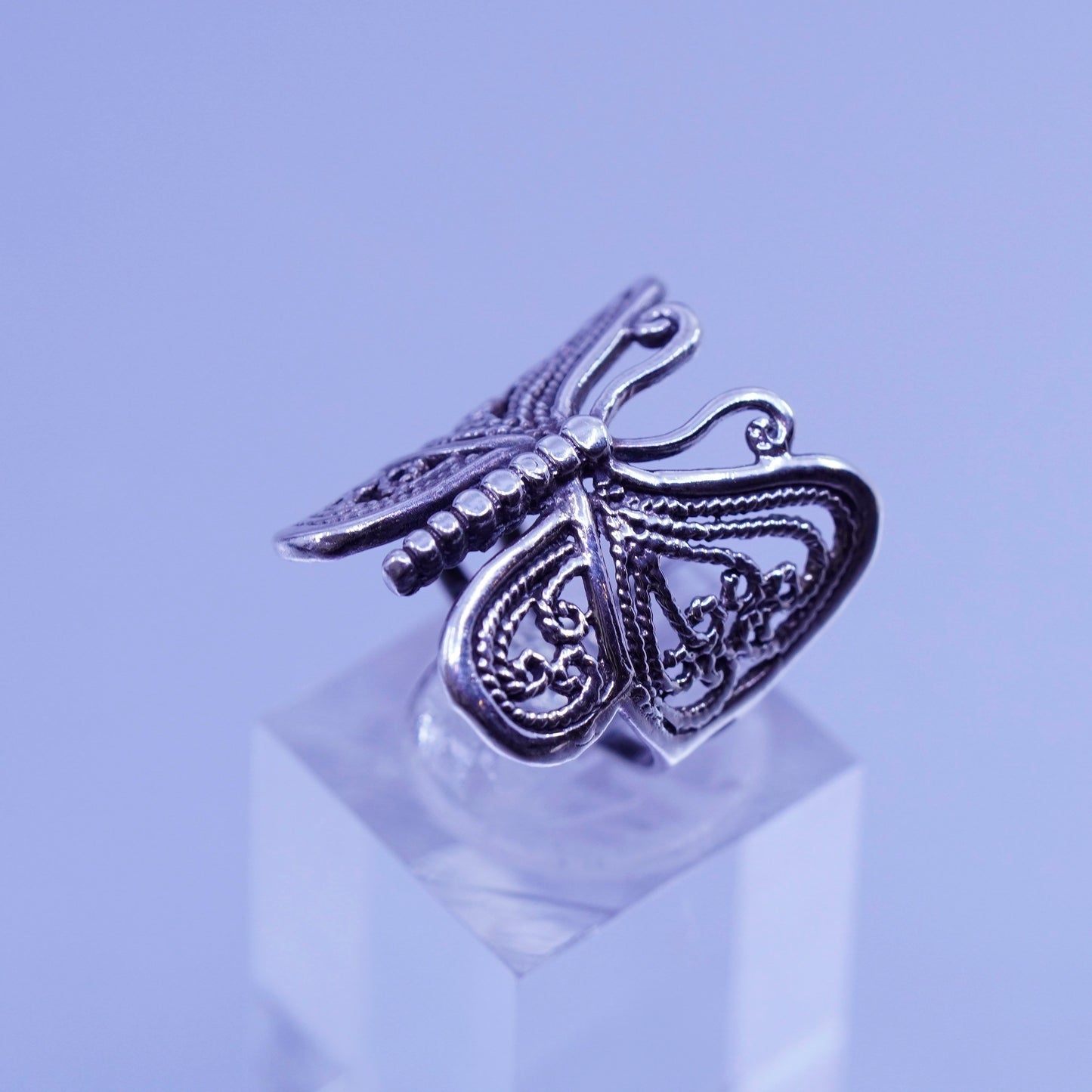 Size 6, vintage Sterling 925 silver handmade ring, filigree butterfly band