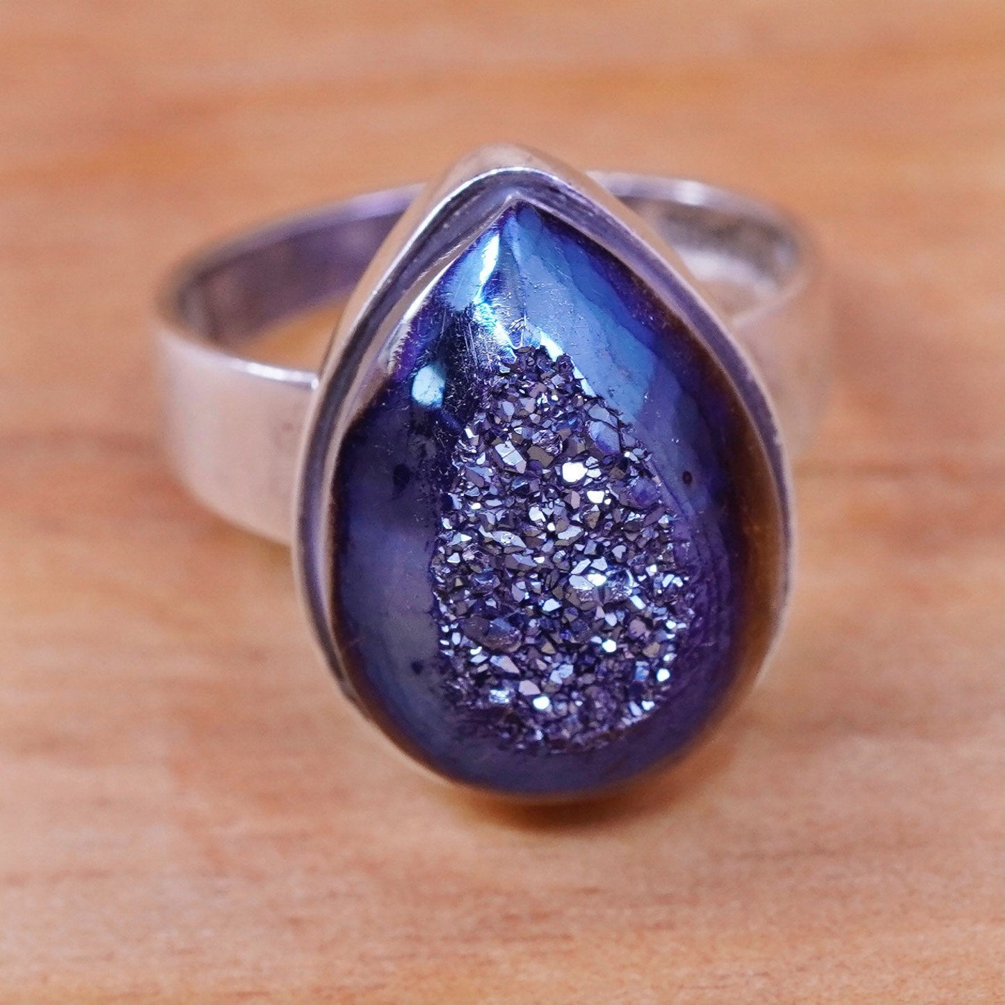 Size 7.25, Sterling 925 silver handmade ring with teardrop metallic druzy stone