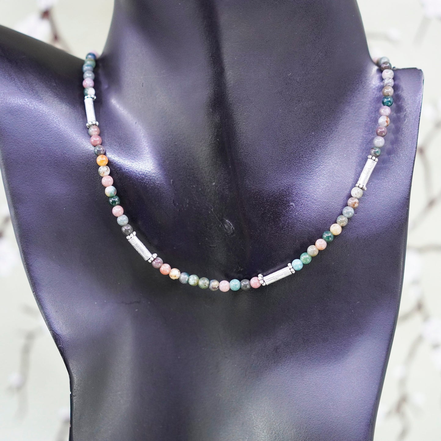 14+3”, vintage sterling 925 silver handmade necklace agate crystal jade beads