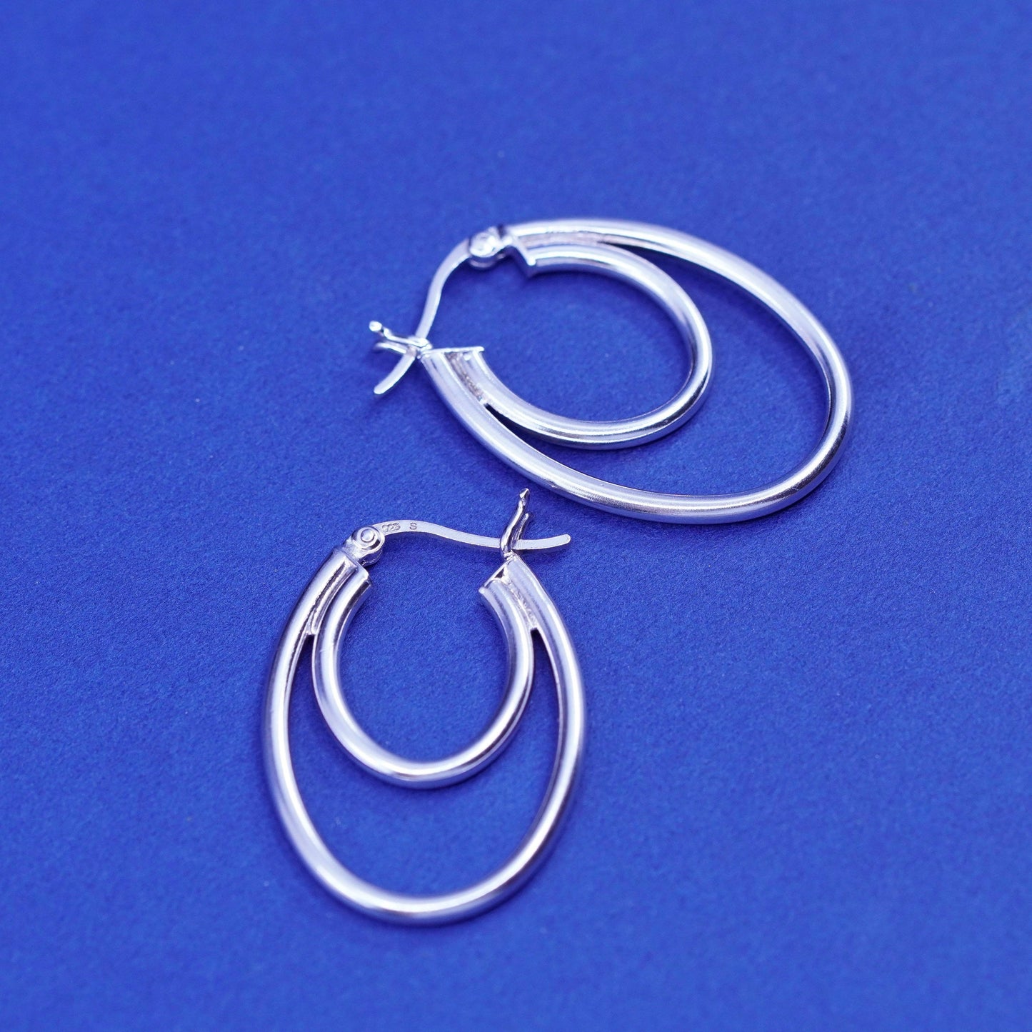 1.25”, vintage Sterling silver handmade oval hoop earrings, Modern 925 huggie