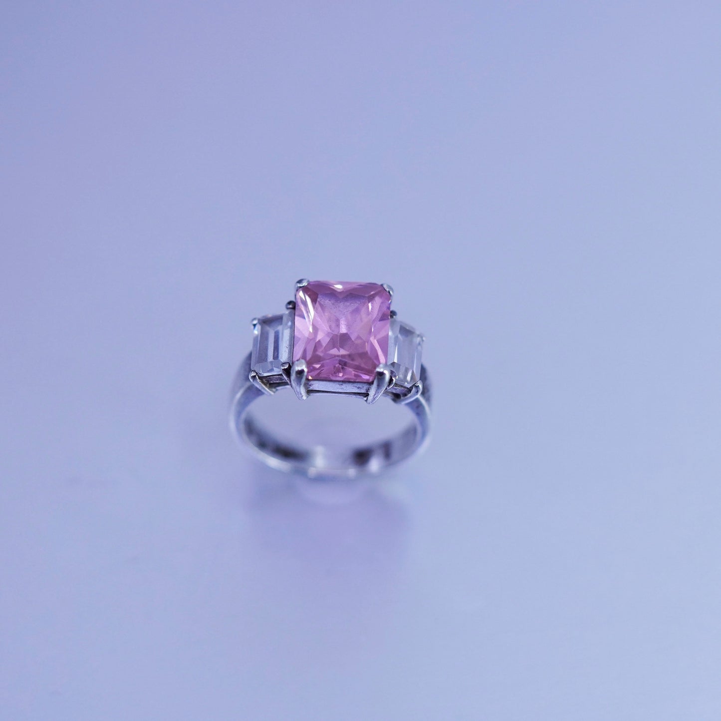 Size 6, vintage Sterling 925 silver handmade ring with rectangular pink Cz