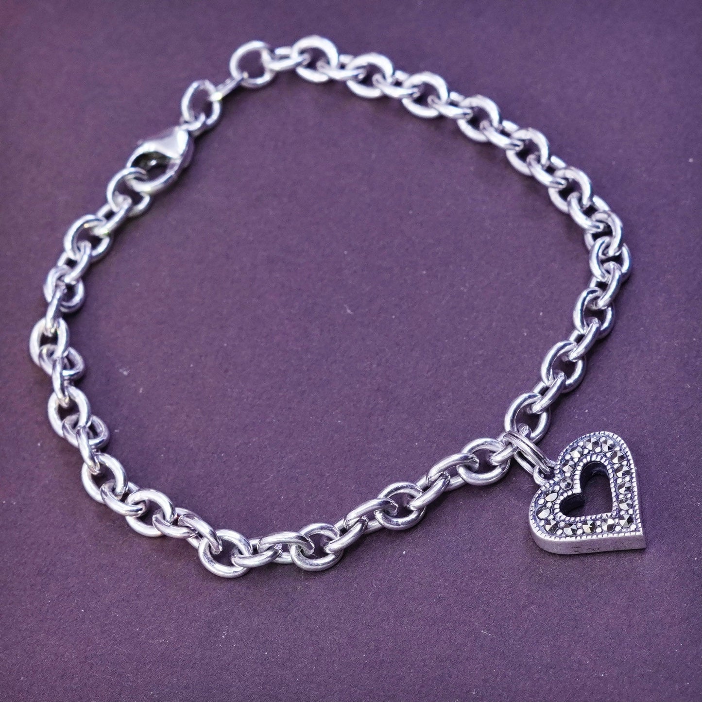 6.75” Judith Jack Sterling silver bracelet, 925 bold circle chain heart charm