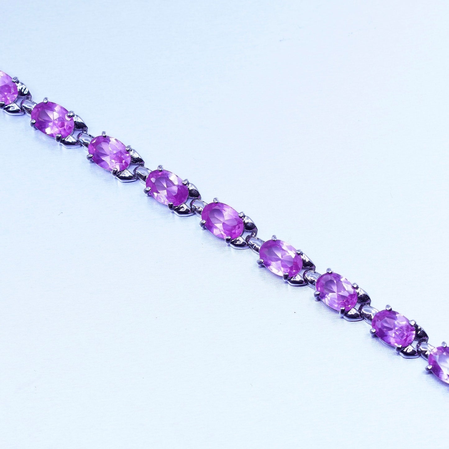 7”, Vintage Sterling 925 silver tennis bracelet chain with pink crystal
