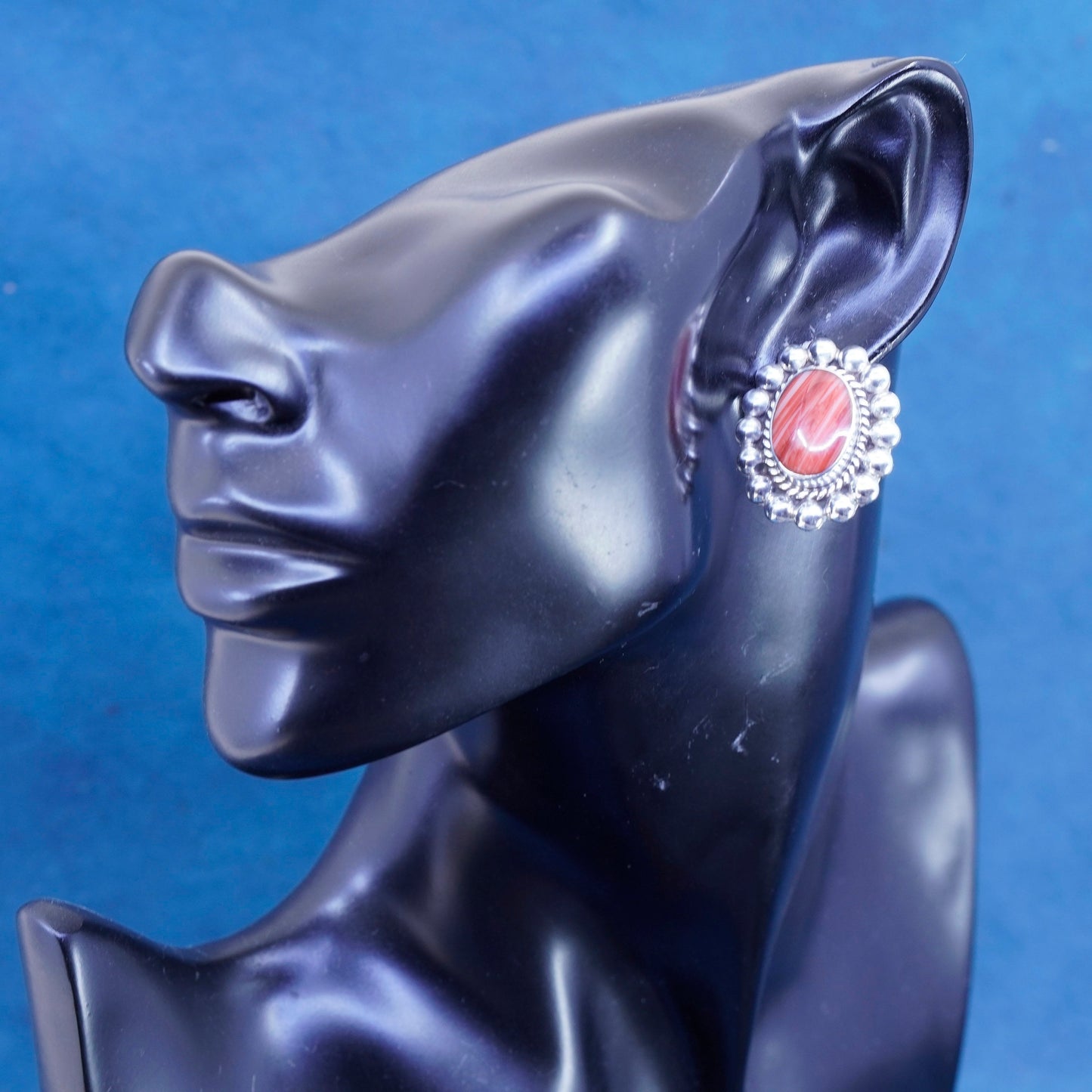 Vintage sterling silver handmade earrings, 925 oval studs with red agate beads