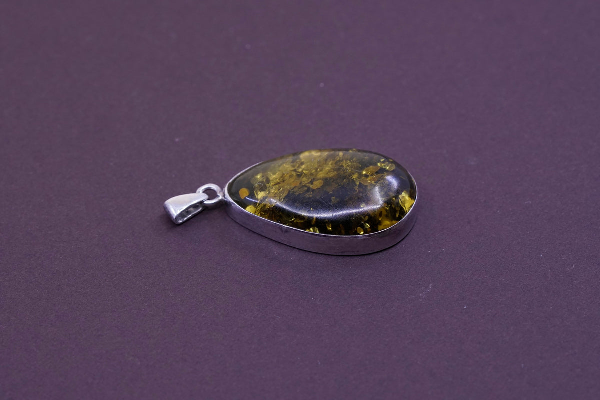Vintage Sterling 925 silver handmade pendant with teardrop Amber pendant