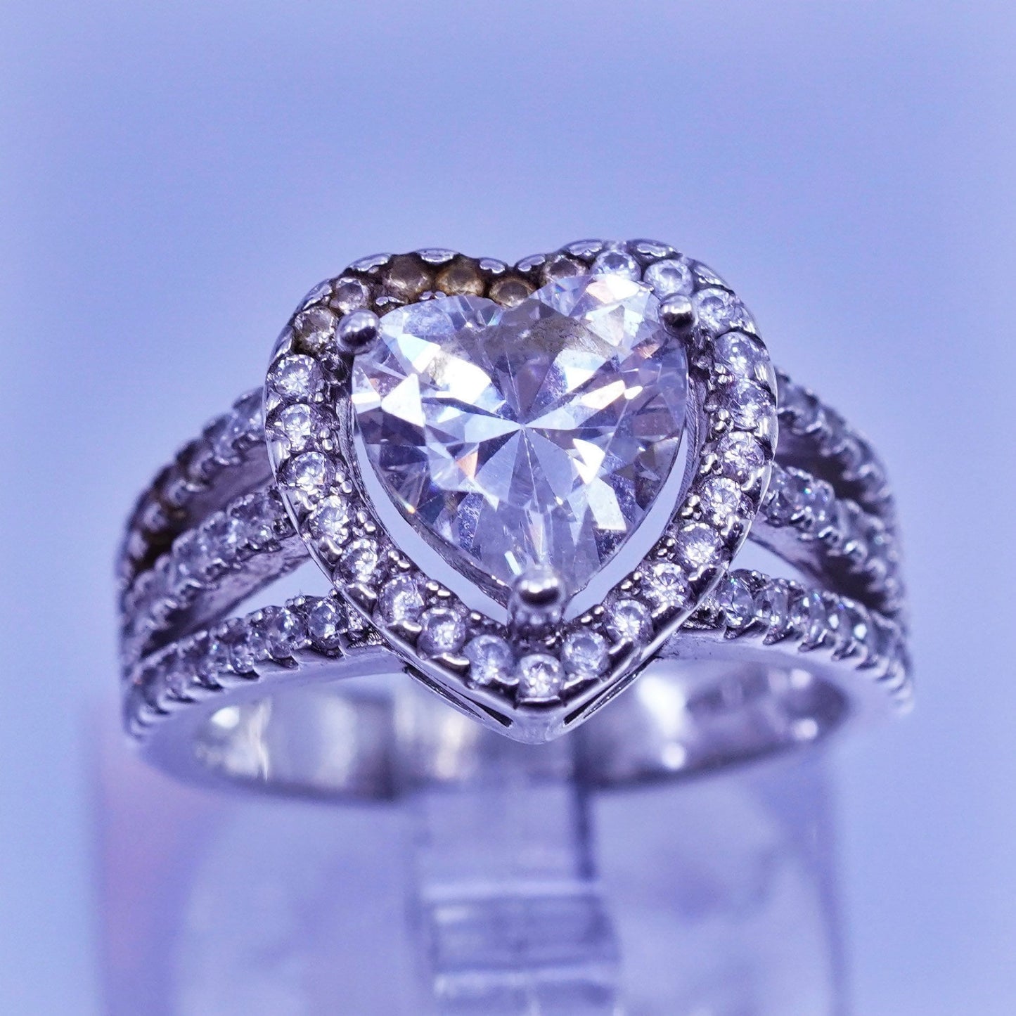 Size 5, vintage Sterling 925 silver handmade heart ring with cluster Cz